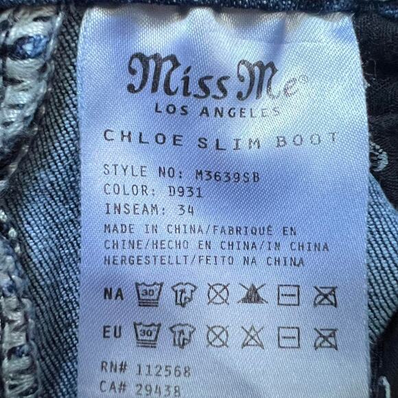 Miss Me Chloe Slim Boot Jeans Womens 27 Blue Embellished Pocket 32” Inseam - Picture 8 of 8